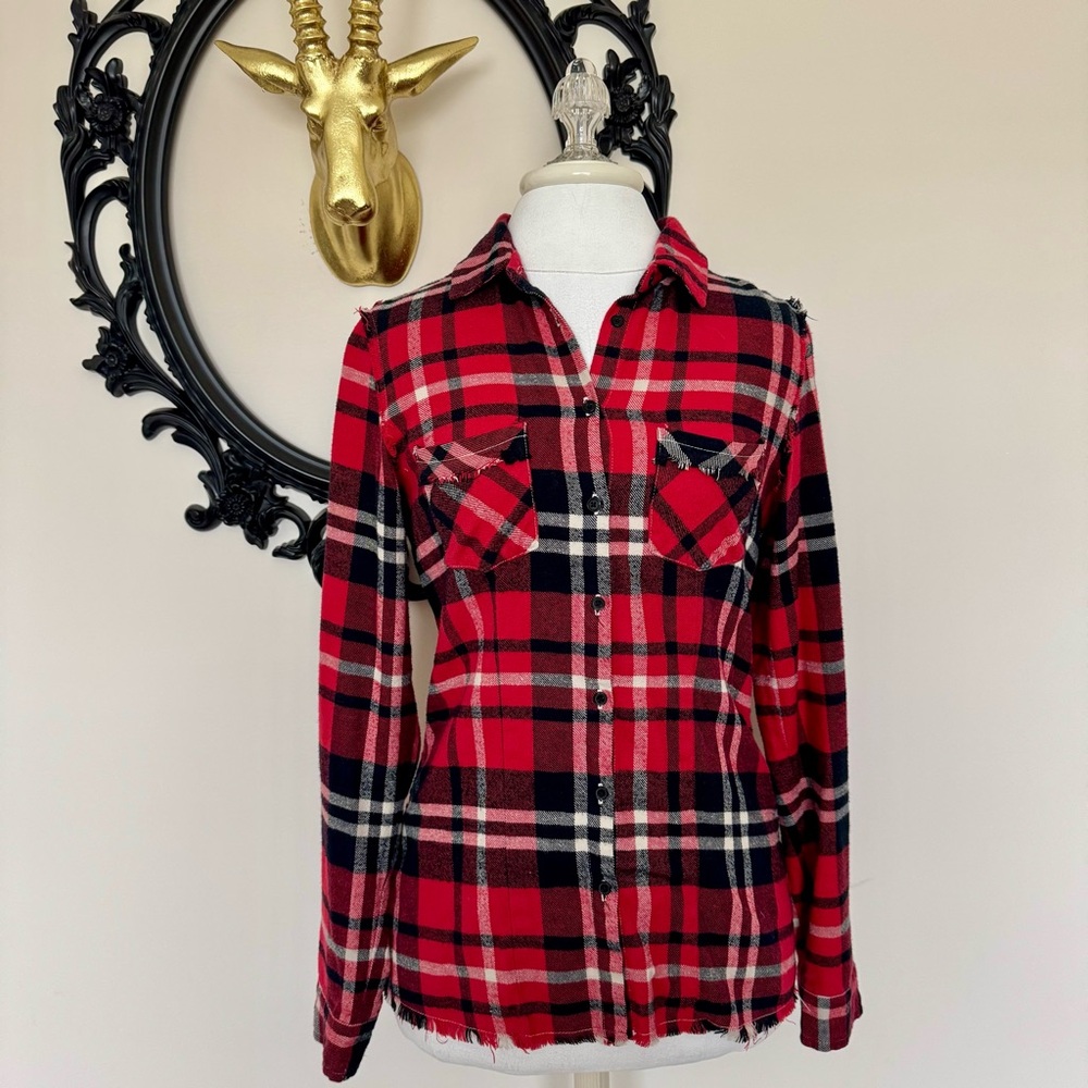 White Crow Red, Black & Cream Plaid Flannel Shirt with Crochet Lace Back Details